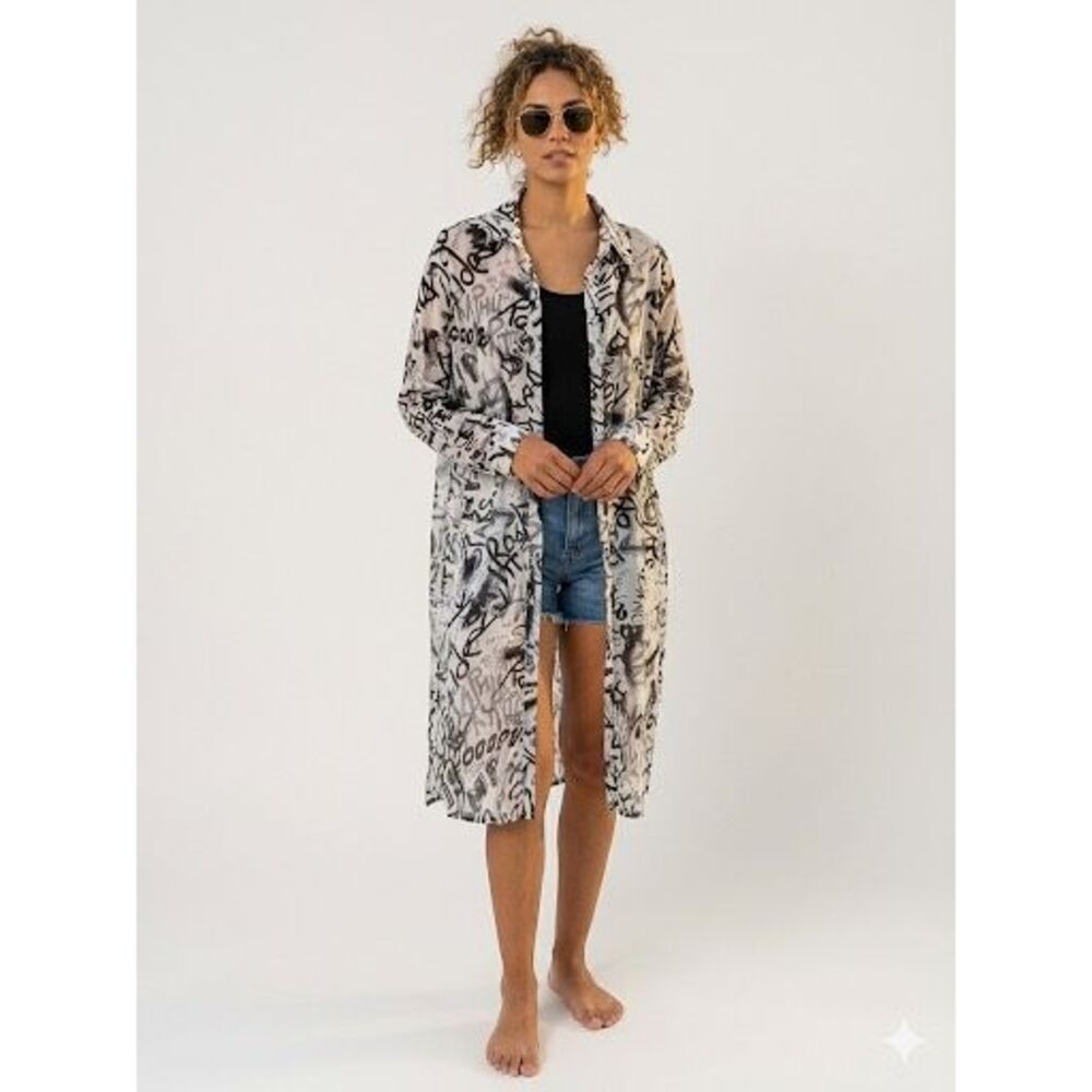 Live 4 Truth Graffiti Print Shirt Dress L Long Sleeve Button Front White Black